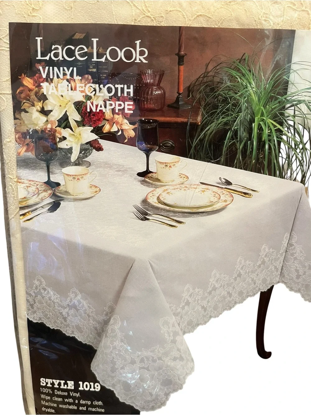 Vintage Elrene Lace Look Vinyl Tablecloth Nappe Style 1019 Ivory 60”x90” Oblong